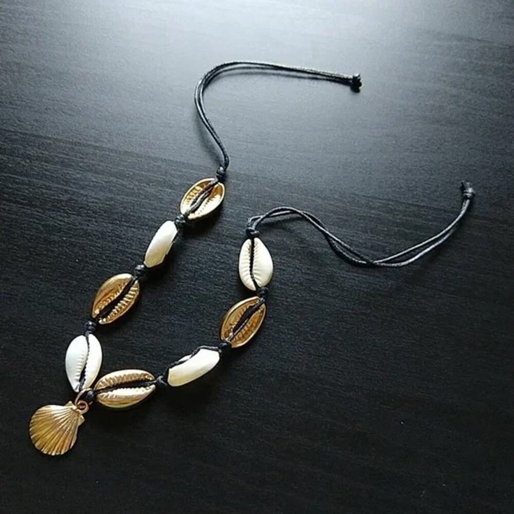 6 Seashell Anklet Bracelets OSFA black cord tie closure half shells silver gold - Picture 8 of 8